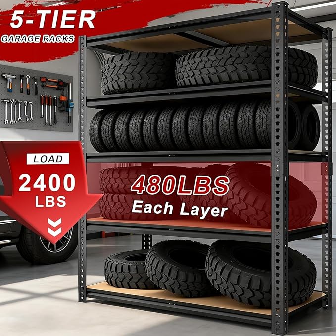 Garage Racks for Storage，5-Tier Adjustable Garage Shelving Storage Shelves,2400LBS Capacity Heavy Duty Shelving for Carport Warehouse Basement,72" H x40 W x20 D
