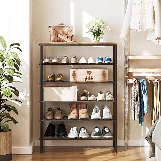 YATINEY 6-Tier Shoe Rack, Shoe Storage Organizer for Closet, Free Standing Shoe Organizer with Metal Mesh Shelves, 24 Pairs of Shoes, Rustic Brown and Black SS06BR