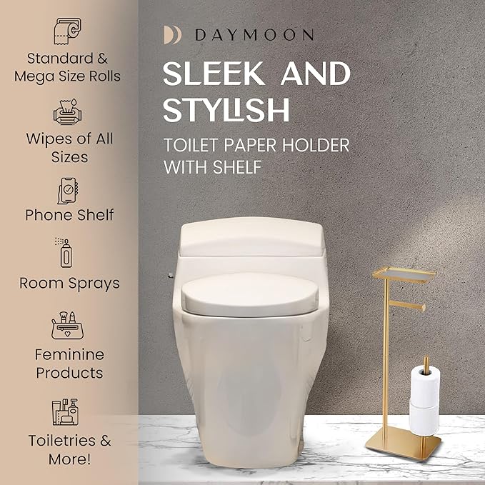 Day Moon™ - Toilet Paper Holder - Modern Roll Holder for Bathroom - 1 Pack - Free Standing - with Shelf, Gold