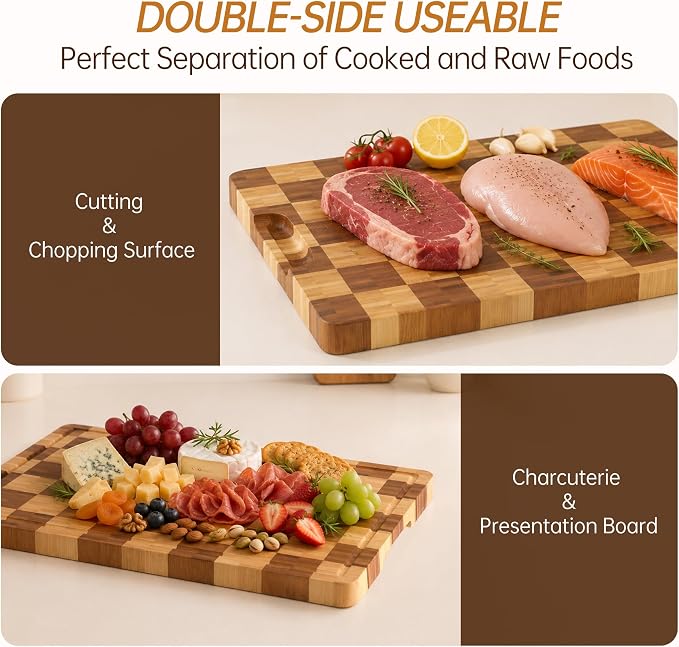 Bamboo Cutting Boards for Kitchen, End Grain Wood Cutting Board with Juice Grooves & Handles, Charcuterie Checkered Chopping Board Thick Butcher Block Serving Tray with Gift Box, 16.5"×11.6"× 1"