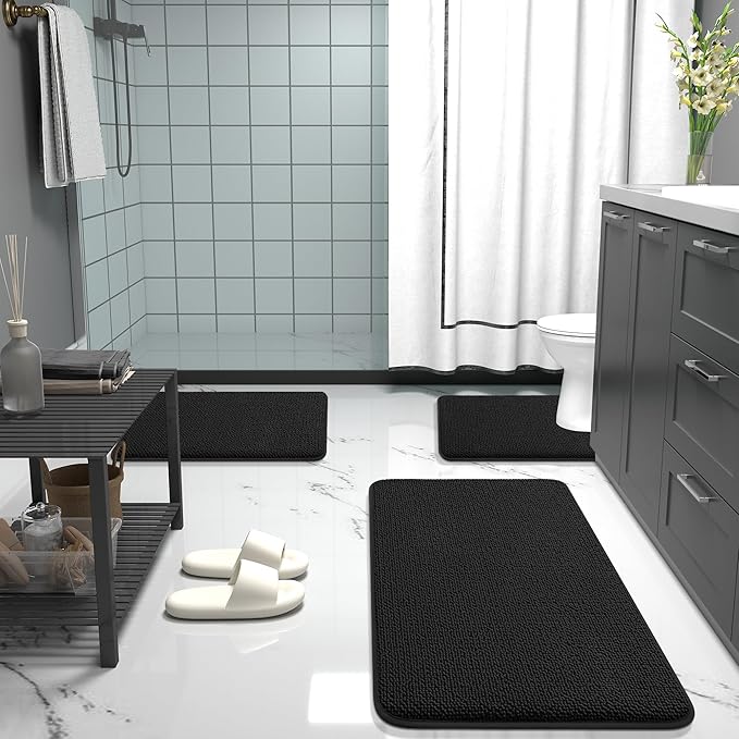 OLANLY Thick Memory Foam Bathroom Rugs 35x24, Absorbent Bath Mat, Black | Soft Quick Dry Bath Rugs Mats, Non-Slip, Machine Washable Carpet for Bathroom Floor, Tub and Shower, Home Decor Accessories