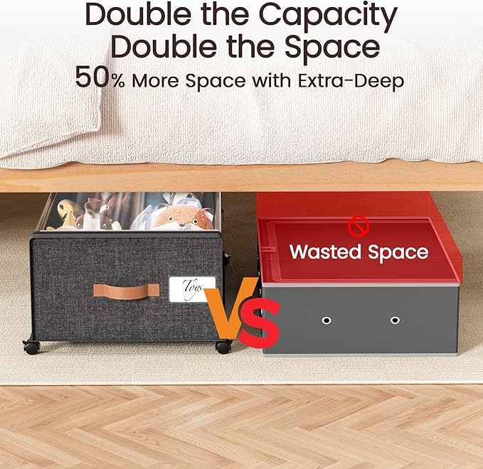 Yecaye 95L Under Bed Storage Containers, Fits 11" Under Bed, 2 Pack, Grey | XXL Capacity, 360° Rolling Wheels, Sturdy Metal Frame, Clear Window & Label, Storage Bins for Clothes, Shoes, Blankets