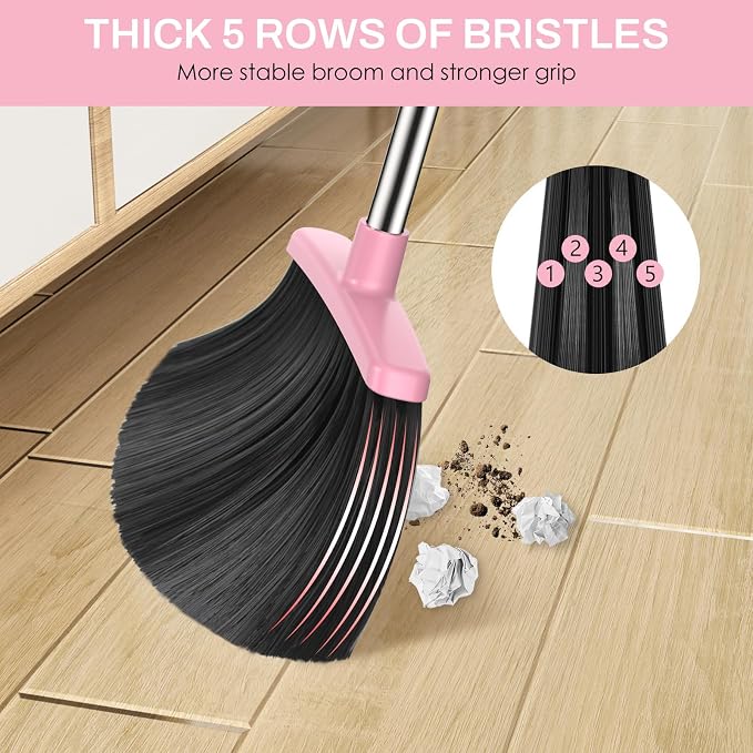 Broom and Dustpan Set for Home, 51-in Long Adjustable Handle Angle Broom and Dustpan Combo Set with Dust Pan Teeth to Clean Hair for Home Kitchen Office Lobby Floor Garden, Pink