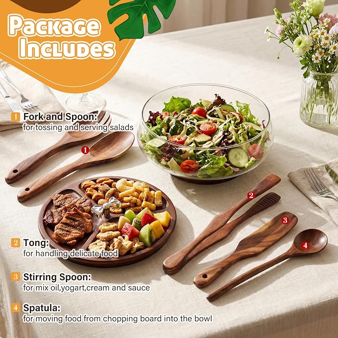 Hushee Large Glass Salad Bowl Set, Party Salad Bowl with Wood Base and Lid as Cheese Charcuterie Board and Plate, Comes with 5 Pieces of Elegant Wood Serving Utensils