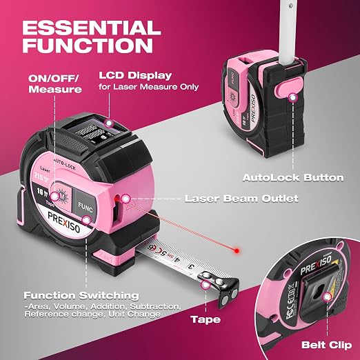 PREXISO 2-in-1 Laser Tape Measure- 215Ft Laser Measuring Tool & 16Ft Measuring Tape with Auto Lock & Magnetic Hook - Laser Measurement Tape - Pythagorean, Area, Volume, Ft/Ft+in/in/M Unit-NOT Digital