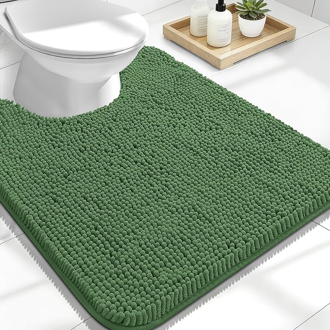 OLANLY Toilet Rugs U-Shaped 24x20, Extra Soft Absorbent Chenille Contour Bathroom Rugs for Toilet, Dry Quickly, Machine Washable, Non-Slip Bath Mat, Olive Green