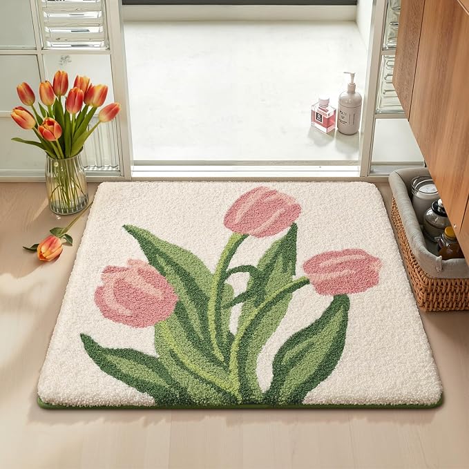LUMI Bathroom Rugs Cute Tulip, Soft Absorbent Square Bath Mat Non-Slip, Machine Washable Quick Dry Beige Luxury Rug Flower for Kids Room, Bathtub, Home Decor, 32"x32"