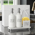 Cisily Housewarming Gifts New Home Basket, Kitchen Soap Dispenser Set Comes with Ceramics Sponge Holder, Silver Stainless Steel Pumps, and Instant Dry Tray, Hand and Dish Soap Dispenser Set