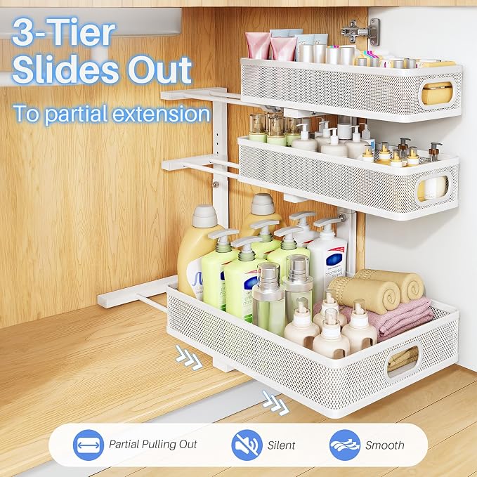 Under Sink Organizer, 1-Pack 3-Tier Thickened Metal Pull out Cabinet Organizer Shelf, Height Adjustable Slide out Storage Drawer Rack for Kitchen Bathroom Pantry Laundry Home Organization, White