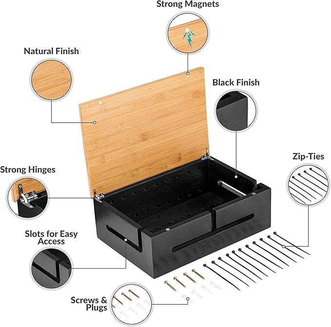 Bamboo Cable Management Box with Magnetic Lid - 12,6x7,8x4.3 in - Durable Cable Organizer to Hide Cords & Power Strip - Wall Mountable - Including Hardware - for Home, Office, Desk & More (Black)