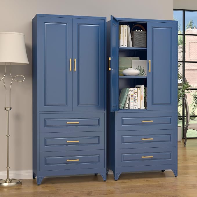 SteeLoong 75" Metal Storage Cabinet with Doors and 2 Adjustable Shelves | Kitchen Pantry Cabinet with 3 Drawers,Blue Kitchen Cabinet with 2 Gold Handles,Food Cupboard for Livingroom,Pantry, Bathroom