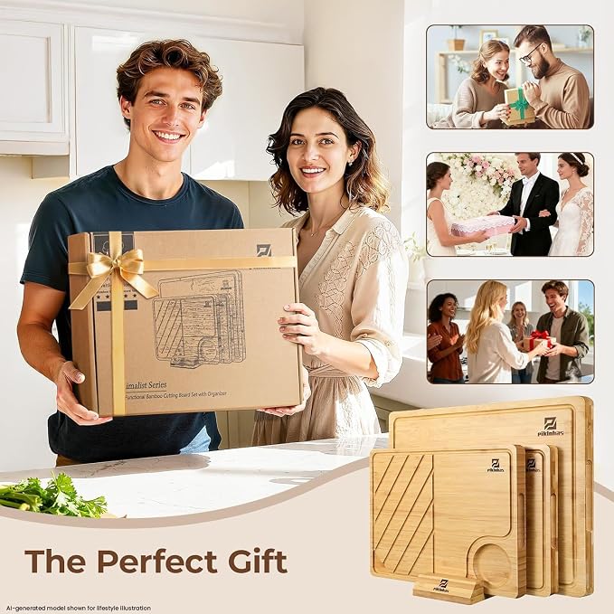Large Bamboo Cutting Boards Set of 4 for Kitchen, Bamboo Charcuterie Chopping Board with Holder Non Slip, Steak Serving Tray with Juice Groove, Big Butcher Block for Cheese, Ideal for Gift