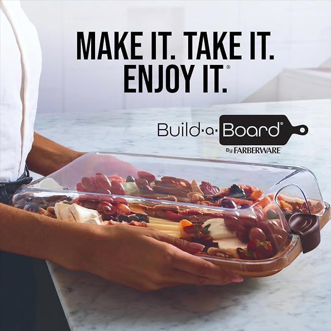 Farberware Build-A-Board Football Bamboo Charcuterie Board with Clear Locking Lid, Reversible Cutting & Serving Board, Recessed Handles, Portable Game Day Snack Tray, 11 x 14 Inch, Make It, Take It