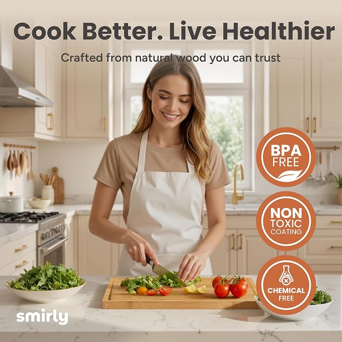 SMIRLY 3 Piece Bamboo Cutting Board Set with Stand for Kitchen | Built-in Handle, Deep Juice Groove, Non Toxic Real Wood, Multiple Sizes Wooden Cutting Boards Set of 3 with Holder
