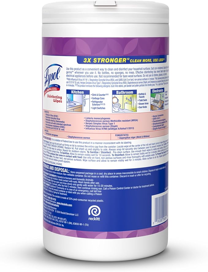 LYSOL Disinfecting Wipes, All Purpose Cleaner, Multi-Surface Antibacterial Cleaning Wipes, Household Cleaning Supplies, Dorm Essentials, Lavender & Cotton Blossom Scent, 80 ct.