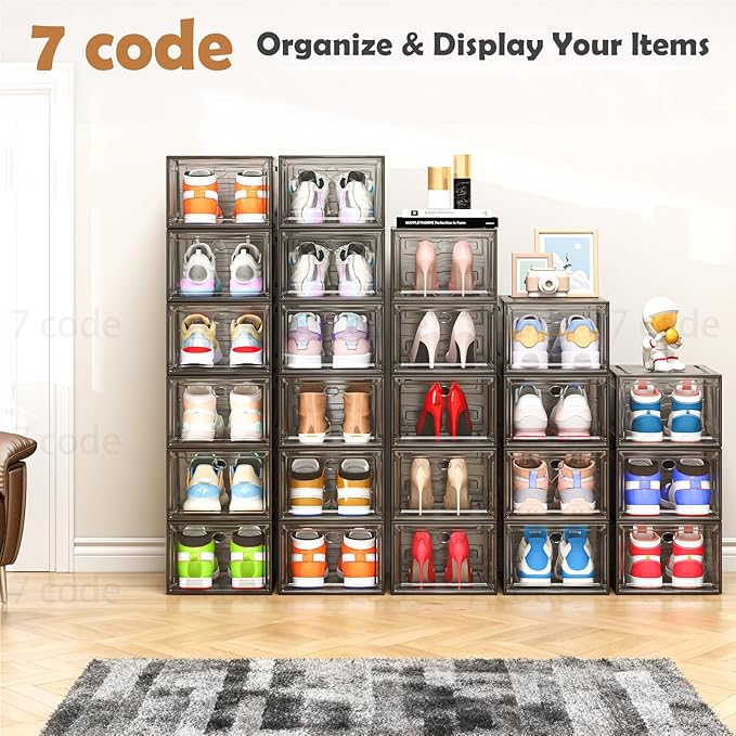 7 code Thicken & Sturdy Clear Shoe Storage Organizer with Magnetic Door, Stackable Boxes for Closet, Foldable Shoe Rack for Sneaker Boot Container, Plastic Shoe Cabinet Shoe Box 6 Pack, Black