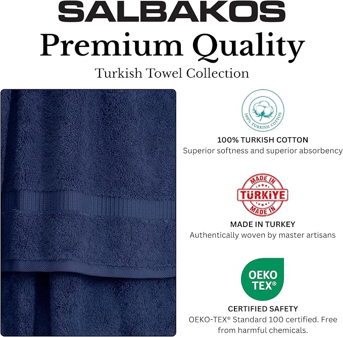 SALBAKOS - Luxury 6 Piece Towel Set, 100% Turkish Cotton, Quick Drying, Highly Absorbent & Comfy, Includes 2 Bath Towels, 2 Hand Towels & 2 Washcloths | (Navy)