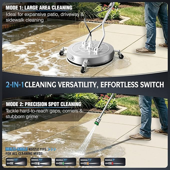 RAYNEL 24'' Pressure Washer Surface Cleaner with 4 Wheels, Dual Handle, Stainless Steel Housing, 2 Hose Adapters, 4 Replacement Nozzles