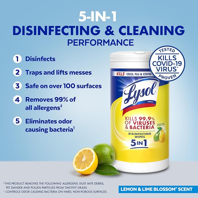 Lysol Disinfectant Wipes, Multi-Surface Antibacterial Cleaning Wipes, for Disinfecting and Cleaning, Lemon and Lime Blossom, 80 Count (Pack of 1)