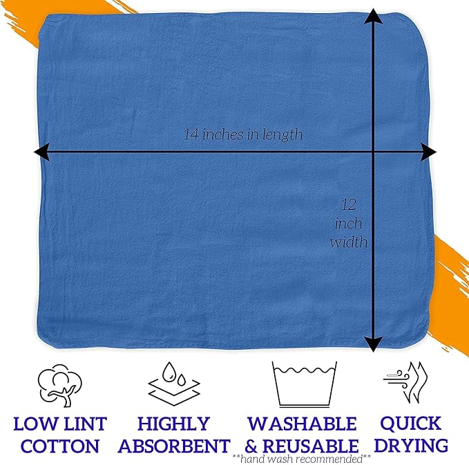 GREEN LIFESTYLE Shop Towels 12" x 14" 100 Pack - Blue Cotton Shop Towels, Cleaning Rags Bulk, Reusable Shop Rags, Absorbent Terry Cloth Cleaning Towels for Garage, Industrial and Housekeeping Use