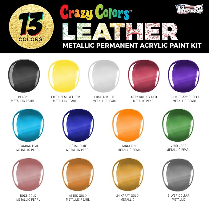 Crazy Colors Premium Acrylic Shoe & Leather Paint Kit 13 Metallic Pearl Colors with 4 Brushes (1 oz Bottles) - Acrylic Leather Paint for Shoes, Sneakers, Jackets, Bags, Purses, Furniture