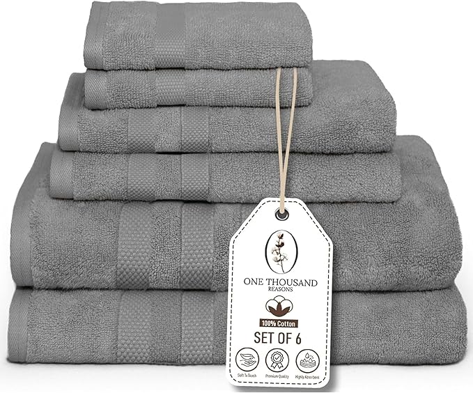 Premium Staple Cotton Bathroom Towel Set - Gray 600 GSM 6-Piece Luxury Bath Towel Set 3 Stripe - 2 Bath Towels, 2 Hand Towels & 2 Washclothes Set - High Absorbent & Quick Dry for Gym, Spa, Hotel