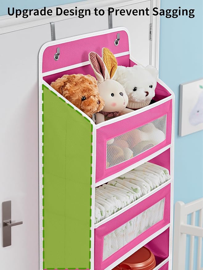 JARLINK Over the Door Organizer for Bathroom, 5 Shelf Rose Pink, 2 Pack | Anti-Tilt Design, 44 lb Load Capacity, Hanging Door Organizer with 5 Large Capacity Pockets, Behind Door Storage for Nursery