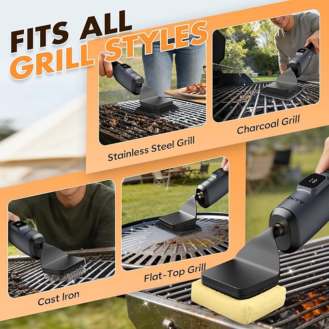 Electric Grill Brush - Bristle Free Grill Brush for Outdoor Grill, Cordless BBQ Grill Cleaner with 3 Heads, Rechargeable 240 Mins Runtime Barbecue Grill Cleaning Brush (Gray)