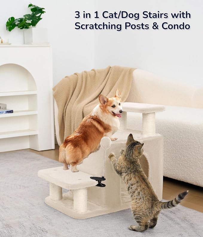 Happi N Pets Cat Stairs with Cat Scratching Post & Large Condo, Stable Pet Steps for High Beds Couch, 3 Combinations Ramp Tree Tower for Cats or Small Dogs, Removable Cushion & Bonus Toy, Beige