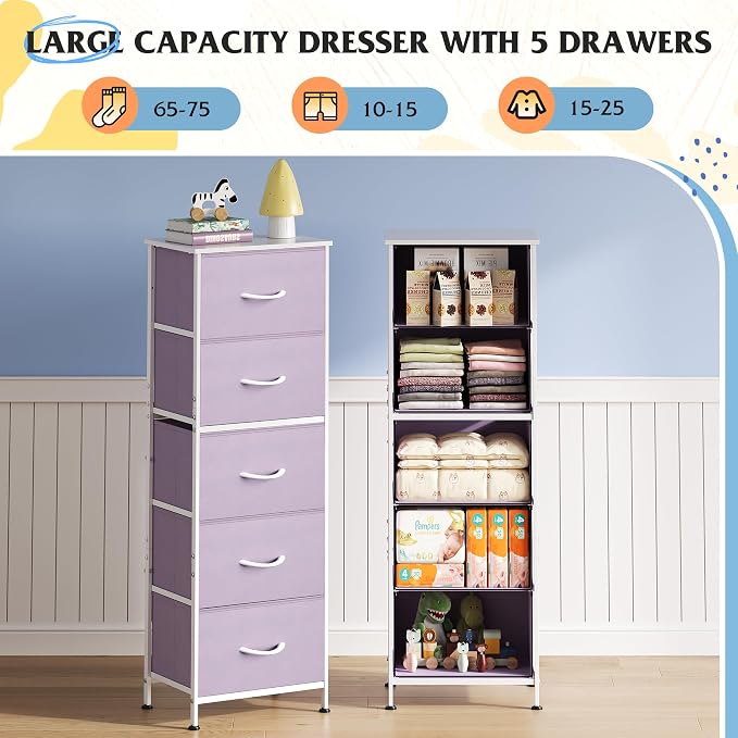 WLIVE Fabric Dresser, 5-Drawer Tall Dressers for Bedroom, Storage Dresser Organizer with Fabric Bins, Wood Top, Sturdy Steel Frame, Chest of Drawers for Closet, Hallway, Purple