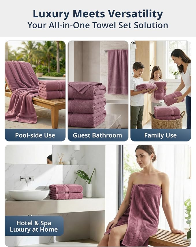 LANE LINEN 100% Cotton Large Bath Towels Set of 4 (28"x54") - Zero Twist, Mercerized Cotton Bathroom Towel 4 Pack - Quick Dry, Soft & Absorbent Large Towels Set - Oeko Tex Certified - Wishful Mauve | Pack Of Towels - Dobby Border Accent, OEKO-TEX Certi...