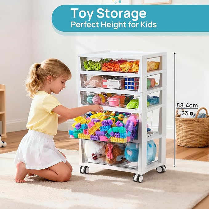 Vtopmart Plastic Drawer Storage Rolling Cart with Wheels, 5-Tier Drawer Organizer for Art Crafts Supplies, Home Office Supplies, Toys, Under Desk Storage for Office, Craft Room, Bedroom, Classroom