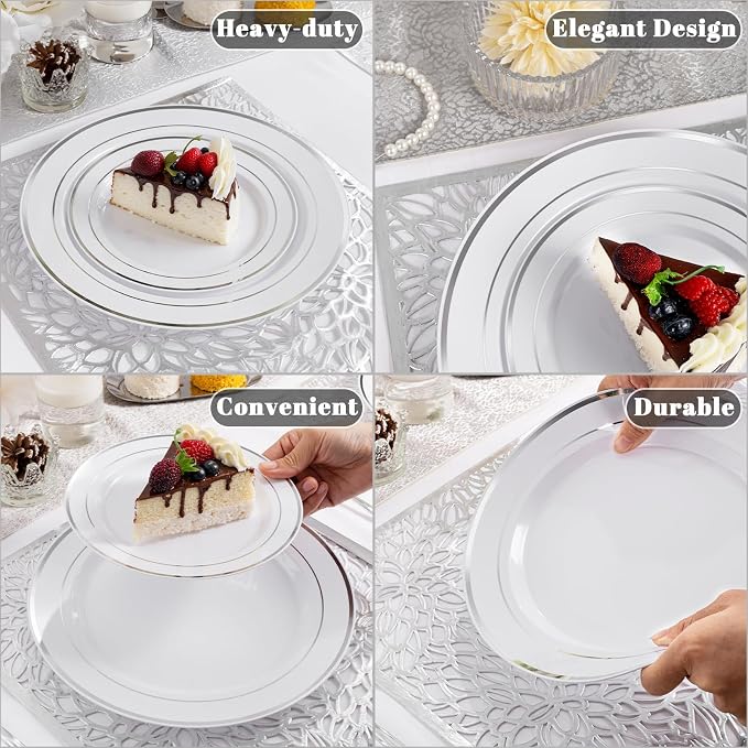 WDF Partyware 175PCS Sliver Plastic Plates - Silver Plates Disposable - White Plate with Silver Trim 25Guests Plastic Dinnerware Sets with Rolled Napkins for Wedding Baby Shower Spring Birthday