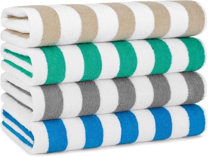 Arkwright California Cabana Stripe Beach Towel - Pack of 4, Large Soft Quick Dry 100% Cotton Terry Towels Set for Pool, Swim, and Hot Tub, Oversized 30 x 70 in, Multiple