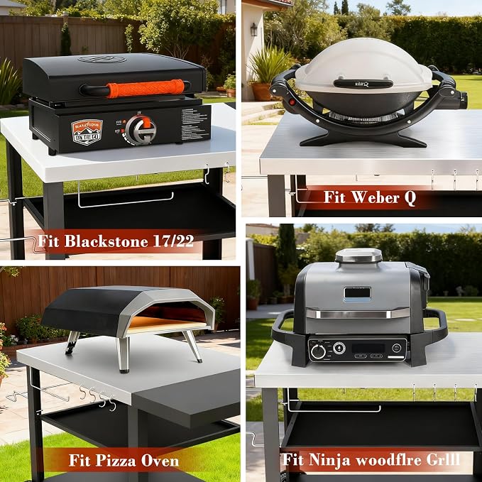 Outdoor Kitchen Island Cart with Side Table | 3-shelf movable prep station for Ninja Woodfire, Blackstone griddles and pizza ovens