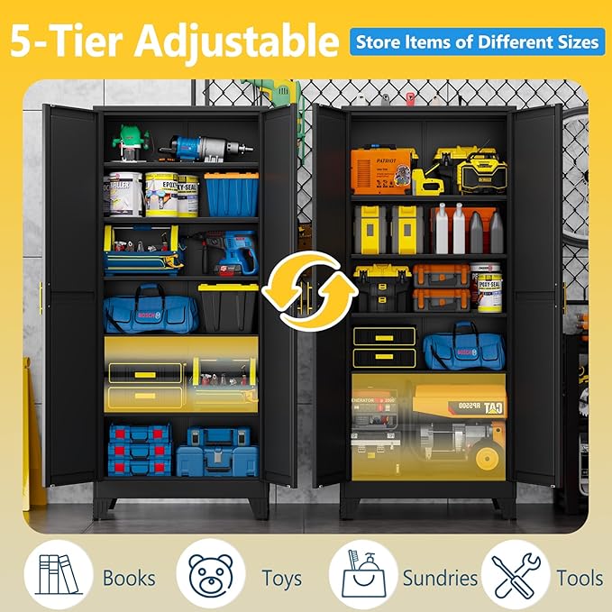 PAOFIN 75" Metal Storage Cabinet with 2 Doors and 5 Adjustable Shelves,Black Metal Garage Storage Cabinets, File Cabinet,Steel Tool Cabinets for Home,Office,Garage,School,Warehouse