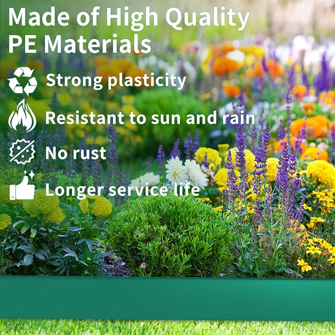 AggFencer Landscape Edging 4in Garden Edging Borders No Dig 50ft | Flexible Landscaping Edging Kit for Flower Bed Lawn Yard Grass Green with 92 Pcs Spikes