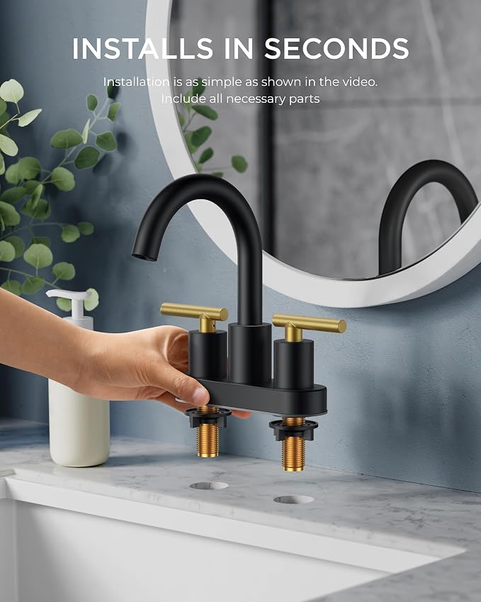 FORIOUS 4 in Black and Gold Bathroom Faucet Centerset, 2 Handle Matte Black Swivel Faucet for Bathroom Sink 2 or 3 Hole with Pop up Drain and cUPC Supply Hose, Suitable for Vanity RV Restroom