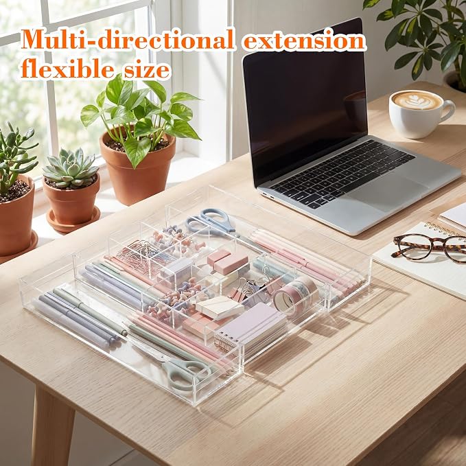Briwooody 1 Pcs Acrylic Desk Drawer Organizer 9'' up to 17'' x 15'' x 2.1'' Expandable Drawer Organizer Trays with 9 Adjustable Compartments Clear Desk Accessories for Makeup Office Bathroom