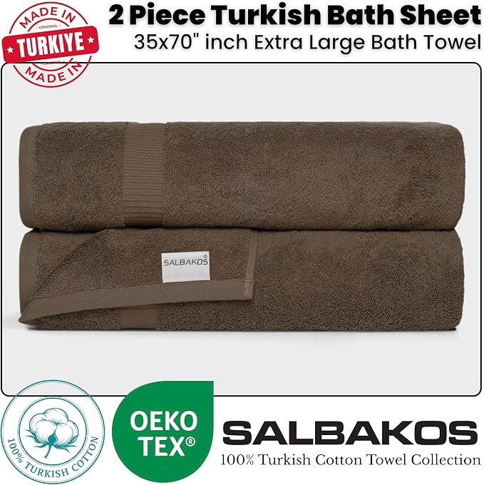 SALBAKOS 2-Piece 100% Turkish Cotton Bath Towels, X-Large 35x70, Chocolate | Oversized Bath Sheet Towel for Bathroom & Beach, Thick, Super Soft, Highly Absorbent, Premium Hotel Quality, Made in Turkey