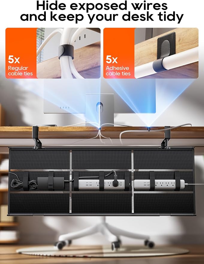 39" No Drill Under Desk Cable Management Tray (Black) | Fire-Resistant Thickened Nylon Material, Clip-on Cord Organizer to Hide Power Strip, Heat Dissipation Mesh Design, for Office