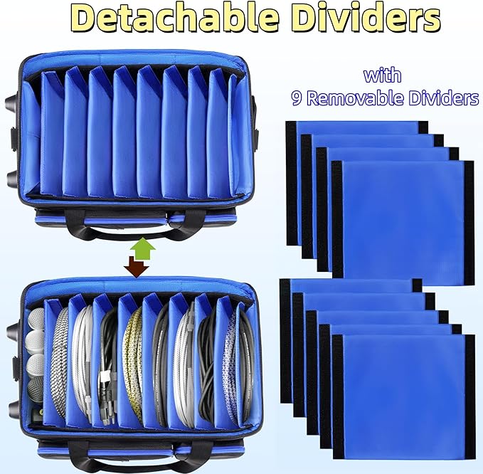 DJ Cable Organizer Bag with Wheels,Soft Gig Bag for DJ Equipment with 9 Detachable Dividers, Medium Padded Soft Storage Case with Multiple Pockets for Microphone, Cord, Headset & Music Accessories