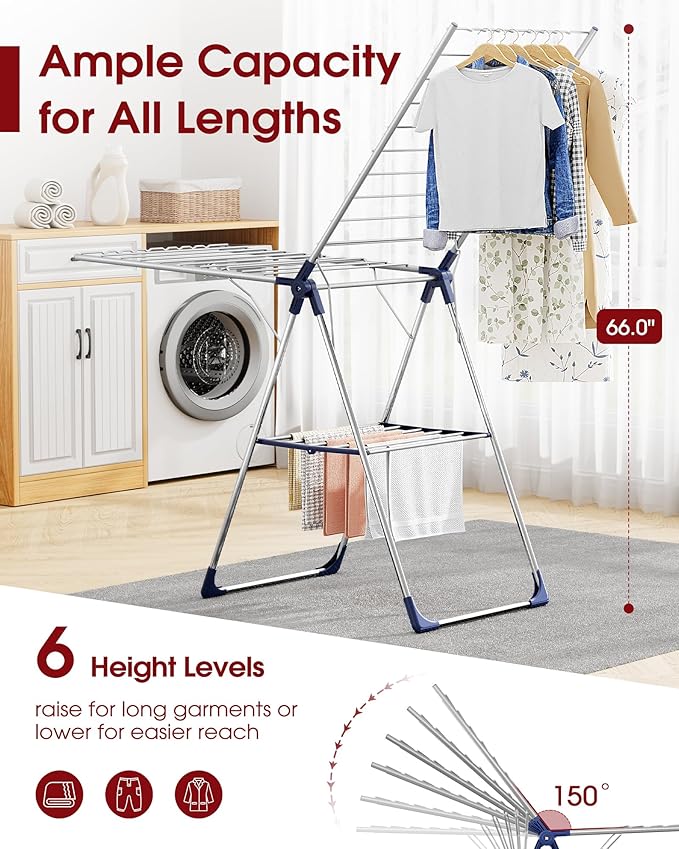 Sakugi Clothes Drying Rack with Height-Adjustable Wings, Metal Foldable Laundry Dryer Stand for Clothing & Bedding, Free-Standing Collapsible for Indoor & Outdoor Use, 69.5" L × 22.8" W, Silver Blue