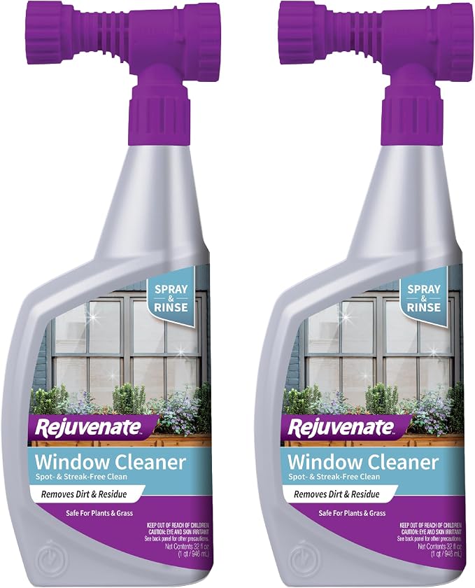 Rejuvenate Window Cleaner, 32 Ounces, Non-Toxic Outdoor Window Cleaner With Hose-End Adapter Quickly Removes Dirt For A Spot- And Streak-Free Shine, 2 Pack