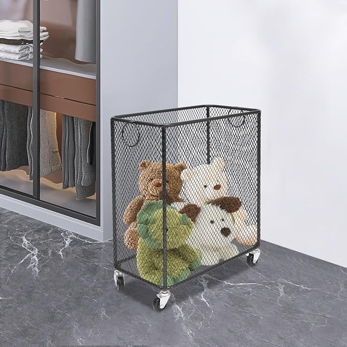 Laundry Hamper with Wheels, Rolling Laundry Basket Cart, Rectangular Metal Mesh Clothes Hamper with Metal Pull Handle for Laundry Room and Bedroom(Black, 16.9" x 9" x 17.7")