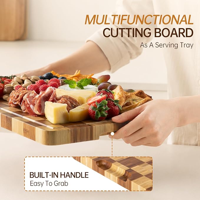 Bamboo Cutting Boards for Kitchen, End Grain Wood Cutting Board with Juice Grooves & Handles, Charcuterie Checkered Chopping Board Thick Butcher Block Serving Tray with Gift Box, 16.5"×11.6"× 1"