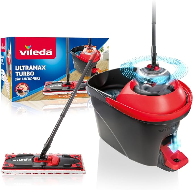 Vileda Ultramax Turbo 2-in-1 Floor Mop Complete Set, Mop with Telescopic Handle, Microfibre Cover and Bucket with Power Spinner, for All Hard Floors, Handle Length 75-130 cm, Eco Packaging