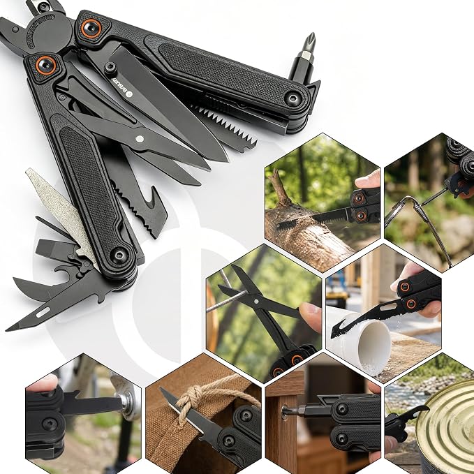 BIBURY Lightweight G10 Handle Multitool Pliers, 25-in-1 EDC Multi Tool with Replaceable Wire Cutters, Scissors, One-Hand Opening Pocket Knife Survival Tools for Camping, Repair,Survival -BI2048B
