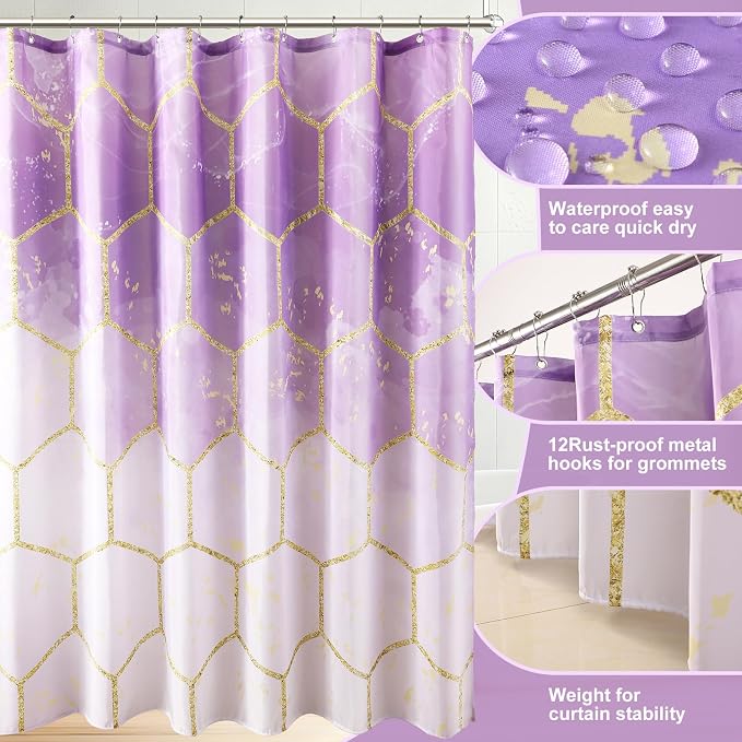 25 Pieces Bathroom Set Purple and Gold Bathroom Accessories Set, Shower Curtain and Rugs, Trash Can, Toilet Brush, Soap Dispenser, Soap Dish, Toothbrush Holder, Tumbler, Tray, Qtip Holder