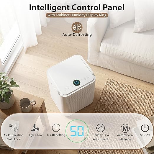 30Pints Dehumidifier with Drain Hose, 2,000 Sq.Ft Dehumidifier for Basement, 2L/0.53 Gallon Tank, Energy Star Cert. 38dB, Humidity Display Ring, Humidity Remover for Home, Bedroom & Bathroom